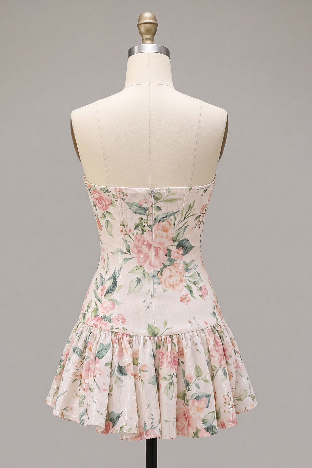 White Pink Flower Sequin A-Line Short Homecoming Dress with Neck Scarf