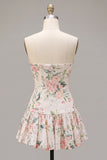 White Pink Flower Sequin A-Line Short Homecoming Dress with Neck Scarf