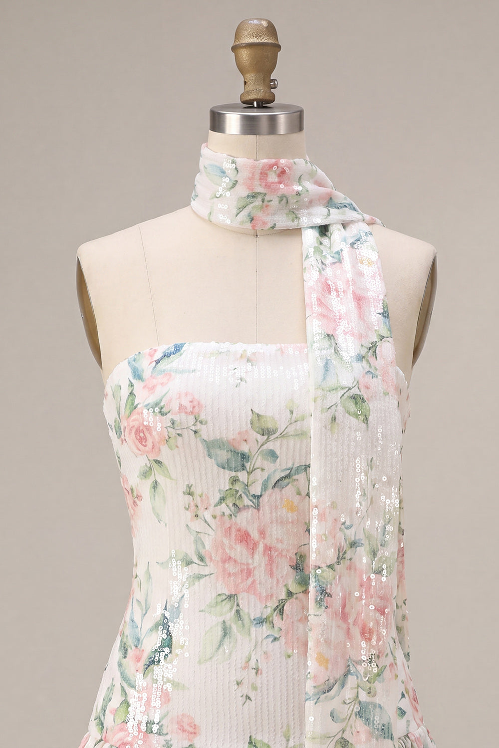 White Pink Flower Sequin A-Line Short Homecoming Dress with Neck Scarf