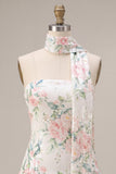 White Pink Flower Sequin A-Line Short Homecoming Dress with Neck Scarf