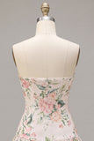 White Pink Flower Sequin A-Line Short Homecoming Dress with Neck Scarf