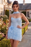 Sparkly Sky Blue Corset Sequin Tiered Ruffled Short Homecoming Dress