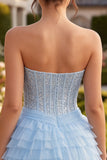 Sparkly Sky Blue Corset Sequin Tiered Ruffled Short Homecoming Dress