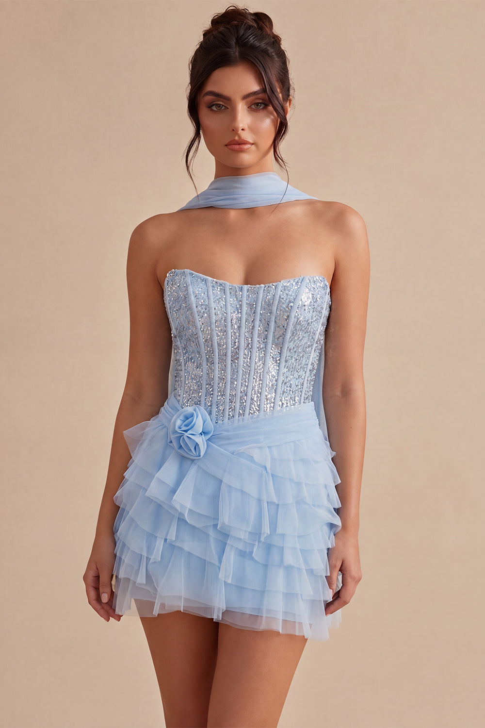 Sparkly Sky Blue Corset Sequin Tiered Ruffled Short Homecoming Dress
