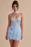 Sparkly Sky Blue Corset Sequin Tiered Ruffled Short Homecoming Dress