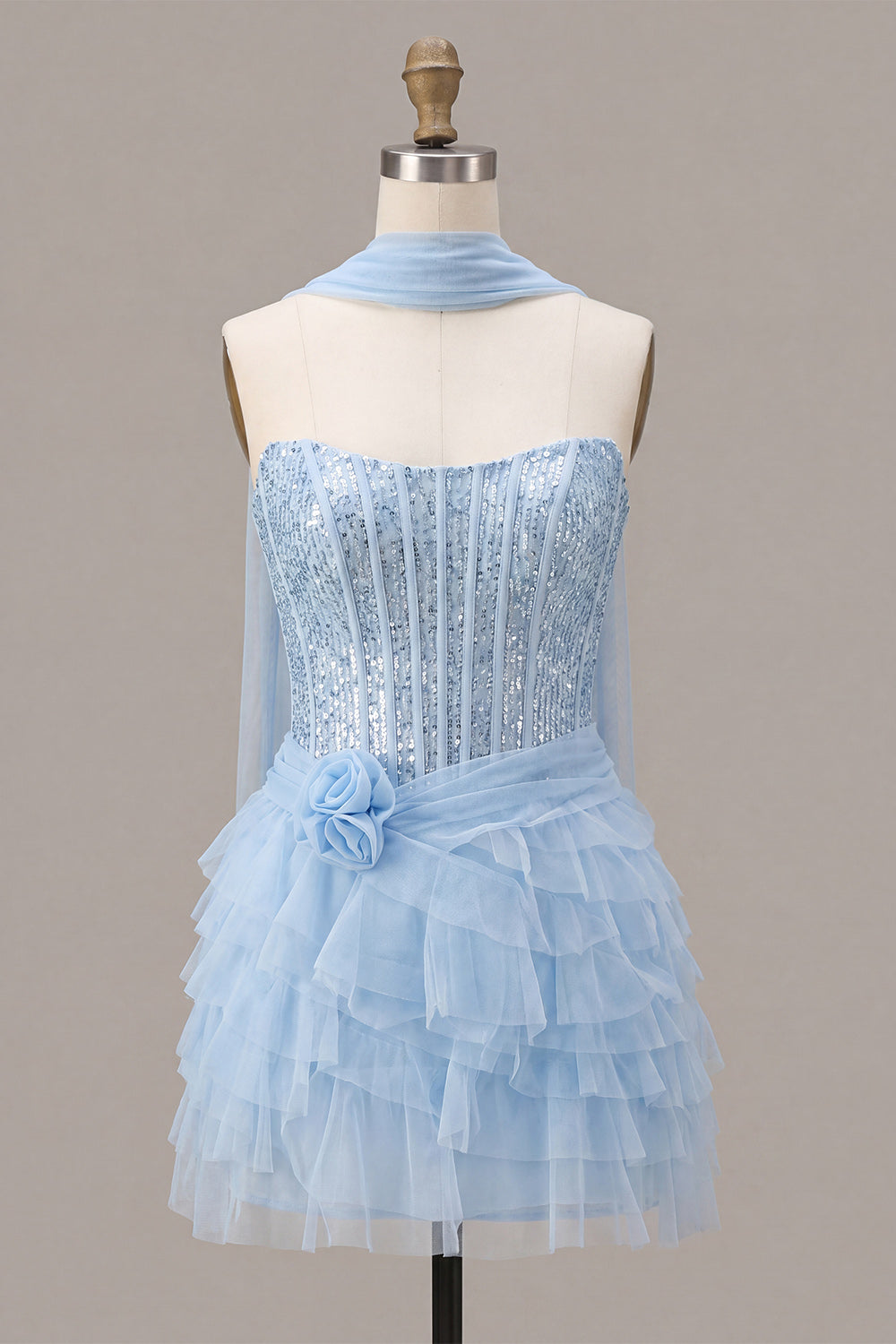 Sparkly Sky Blue Corset Sequin Tiered Ruffled Short Homecoming Dress