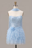 Sparkly Sky Blue Corset Sequin Tiered Ruffled Short Homecoming Dress