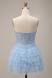 Sparkly Sky Blue Corset Sequin Tiered Ruffled Short Homecoming Dress