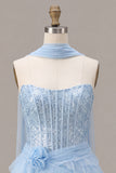 Sparkly Sky Blue Corset Sequin Tiered Ruffled Short Homecoming Dress