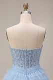 Sparkly Sky Blue Corset Sequin Tiered Ruffled Short Homecoming Dress
