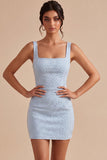 Sparkly Sky Blue Beaded Tight Short Homecoming Dress