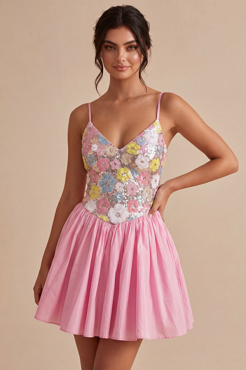 Sparkly Floral Pink Sequin A-Line Short Homecoming Dress