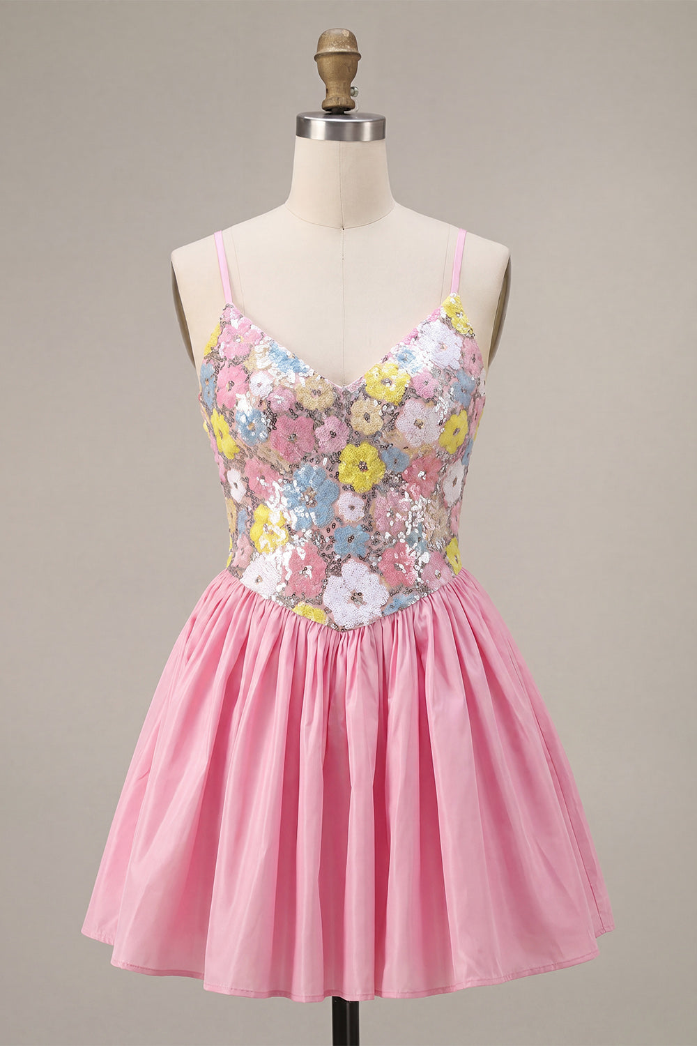 Sparkly Floral Pink Sequin A-Line Short Homecoming Dress