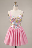 Sparkly Floral Pink Sequin A-Line Short Homecoming Dress