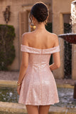 Sparkly Pink Sequin A-Line Off The Shoulder Short Homecoming Dress