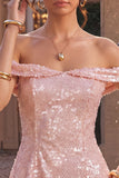 Sparkly Pink Sequin A-Line Off The Shoulder Short Homecoming Dress