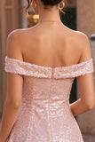 Sparkly Pink Sequin A-Line Off The Shoulder Short Homecoming Dress