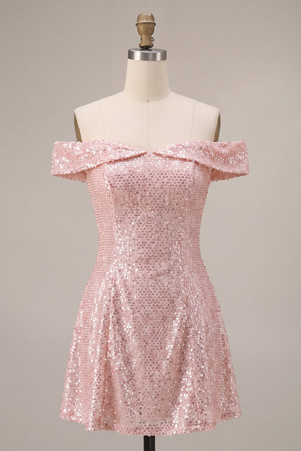 Sparkly Pink Sequin A-Line Off The Shoulder Short Homecoming Dress