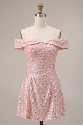 Sparkly Pink Sequin A-Line Off The Shoulder Short Homecoming Dress