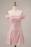 Sparkly Pink Sequin A-Line Off The Shoulder Short Homecoming Dress