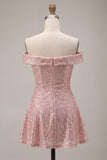 Sparkly Pink Sequin A-Line Off The Shoulder Short Homecoming Dress