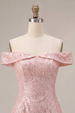 Sparkly Pink Sequin A-Line Off The Shoulder Short Homecoming Dress