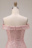 Sparkly Pink Sequin A-Line Off The Shoulder Short Homecoming Dress