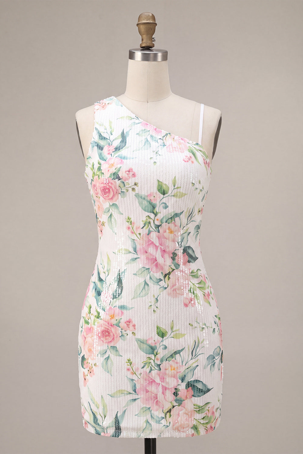 White Pink Flower Sequin Asymmetrical Neck Tight Short Homecoming Dress