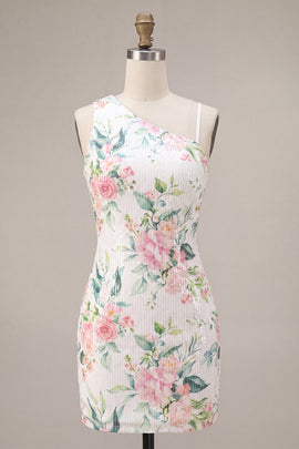 White Pink Flower Sequin Asymmetrical Neck Tight Short Homecoming Dress