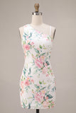 White Pink Flower Sequin Asymmetrical Neck Tight Short Homecoming Dress