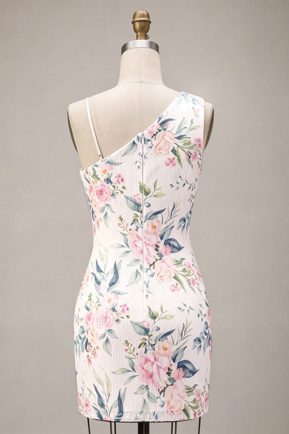 White Pink Flower Sequin Asymmetrical Neck Tight Short Homecoming Dress