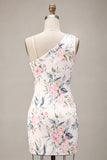 White Pink Flower Sequin Asymmetrical Neck Tight Short Homecoming Dress