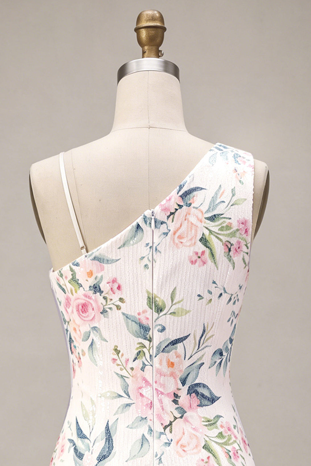 White Pink Flower Sequin Asymmetrical Neck Tight Short Homecoming Dress