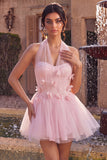 Pink Tulle Halter A-Line Short Homecoming Dress with 3D Flowers