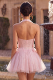 Pink Tulle Halter A-Line Short Homecoming Dress with 3D Flowers
