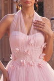 Pink Tulle Halter A-Line Short Homecoming Dress with 3D Flowers