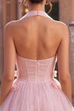 Pink Tulle Halter A-Line Short Homecoming Dress with 3D Flowers