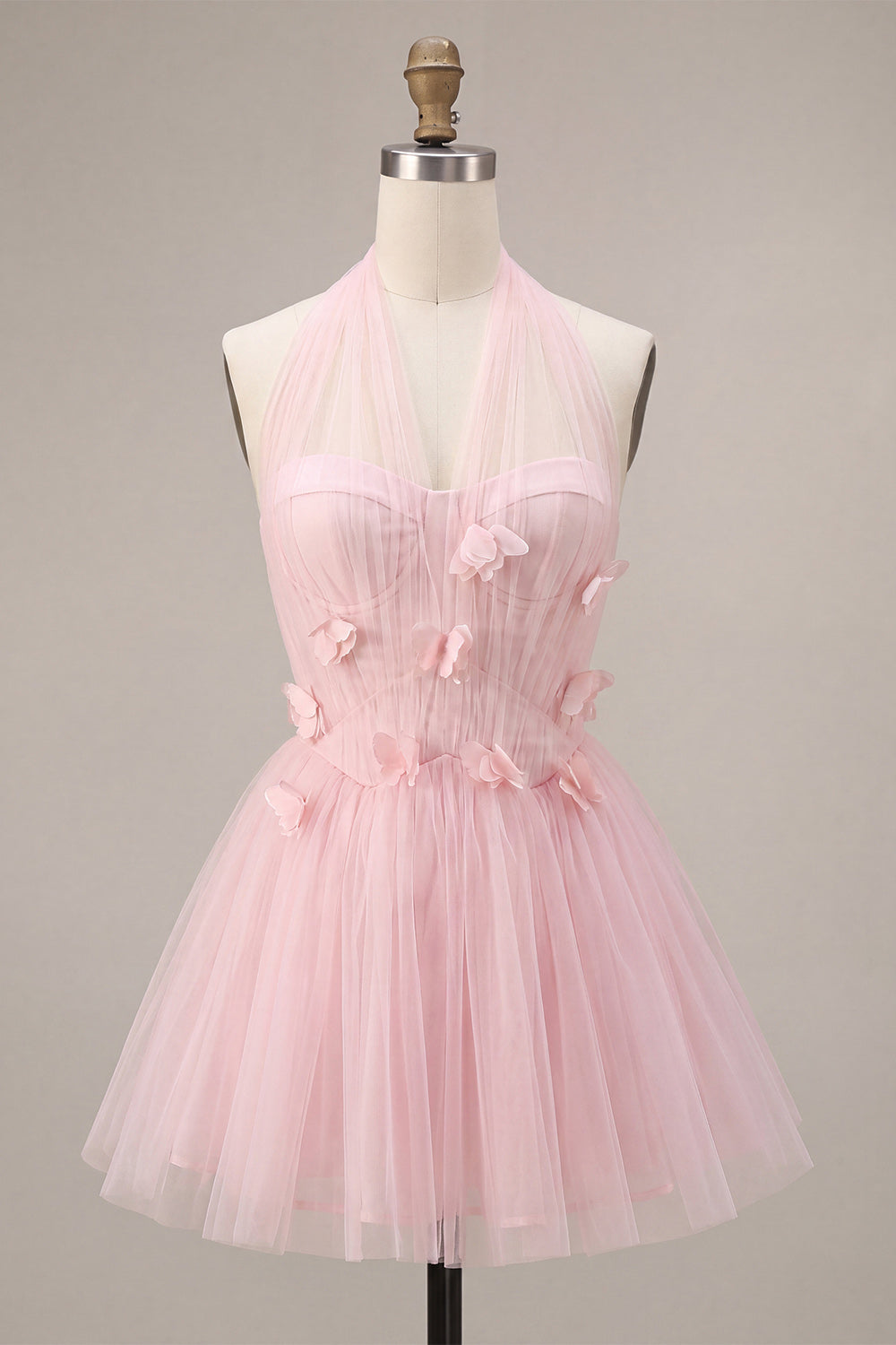 Pink Tulle Halter A-Line Short Homecoming Dress with 3D Flowers