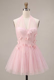Pink Tulle Halter A-Line Short Homecoming Dress with 3D Flowers
