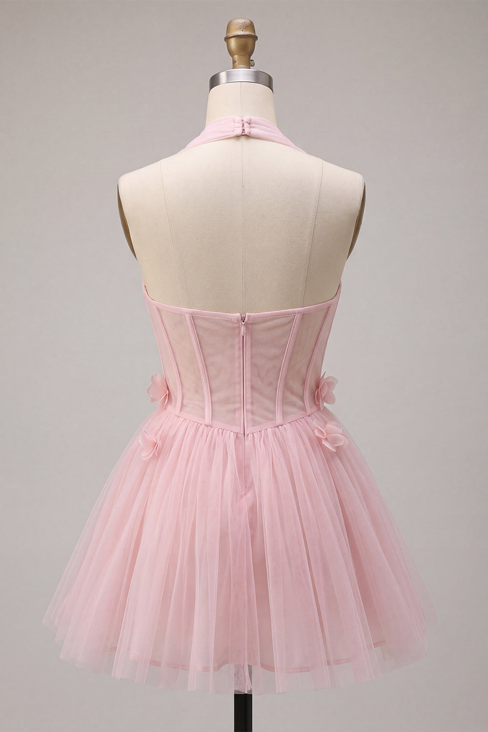 Pink Tulle Halter A-Line Short Homecoming Dress with 3D Flowers