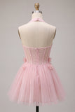 Pink Tulle Halter A-Line Short Homecoming Dress with 3D Flowers