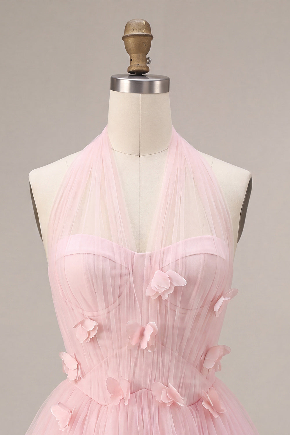 Pink Tulle Halter A-Line Short Homecoming Dress with 3D Flowers