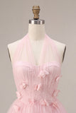 Pink Tulle Halter A-Line Short Homecoming Dress with 3D Flowers