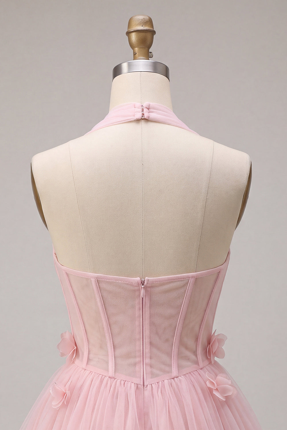 Pink Tulle Halter A-Line Short Homecoming Dress with 3D Flowers