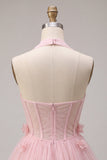 Pink Tulle Halter A-Line Short Homecoming Dress with 3D Flowers