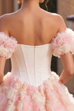White and Pink Corset A-Line Short Homecoming Dress with 3D Flowers