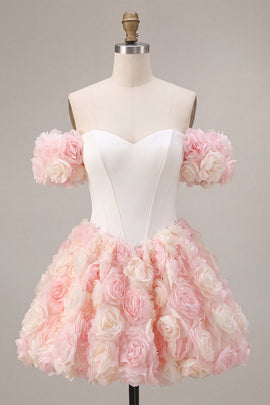 White and Pink Corset A-Line Short Homecoming Dress with 3D Flowers