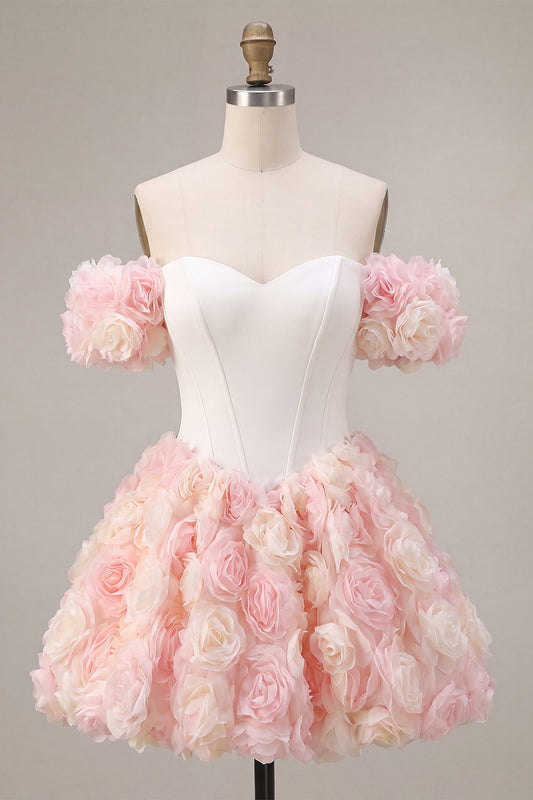 White and Pink Corset A-Line Short Homecoming Dress with 3D Flowers