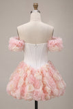 White and Pink Corset A-Line Short Homecoming Dress with 3D Flowers