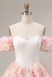 White and Pink Corset A-Line Short Homecoming Dress with 3D Flowers